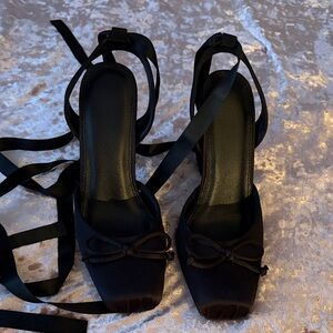 Black Satin Square-Toe Tie Ankle Heels